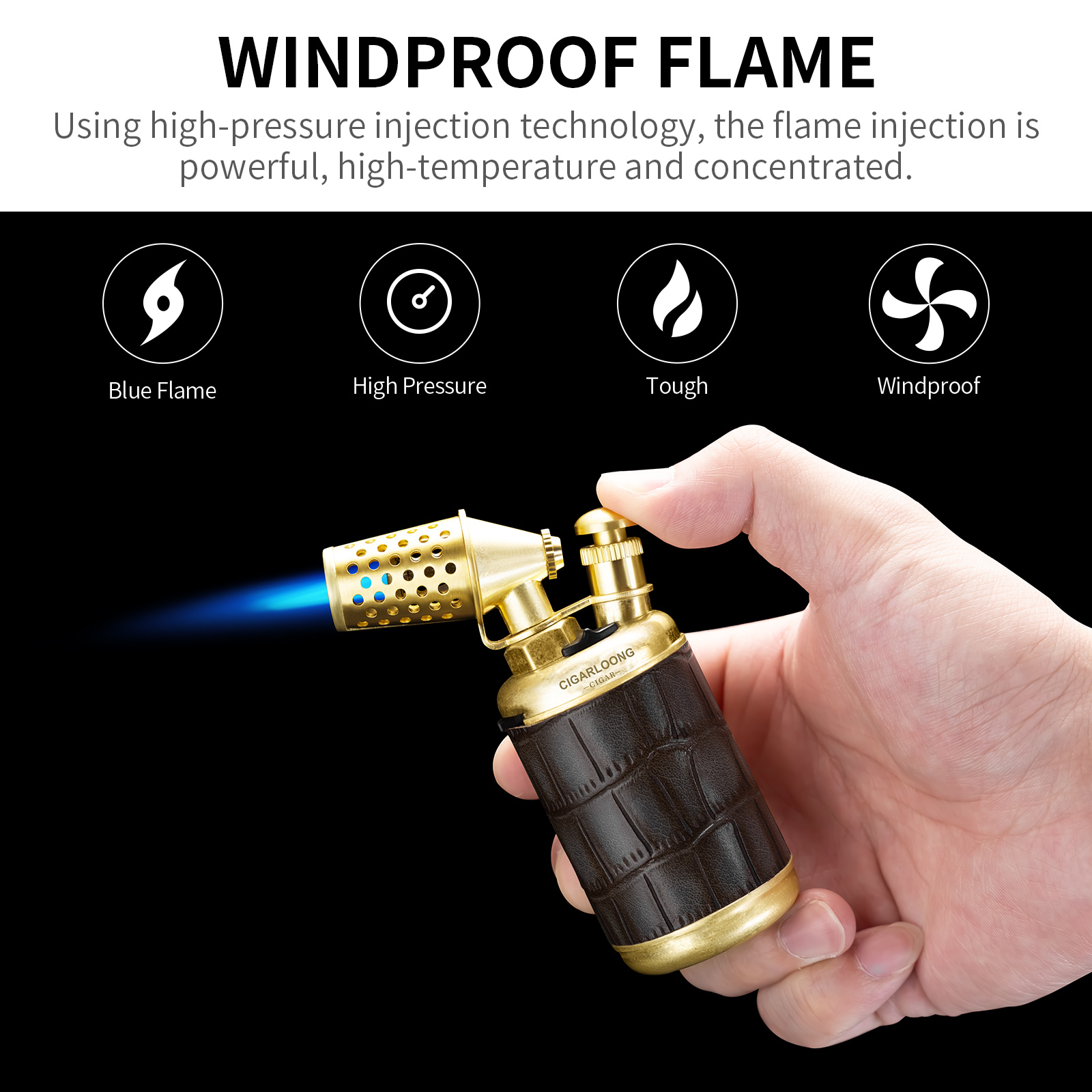 CIGARLOONG Torch Lighter,2-in-1 Windproof Butane Refillable Lighter Built-in Cigar Punch with Gift Box Without Gas W260202