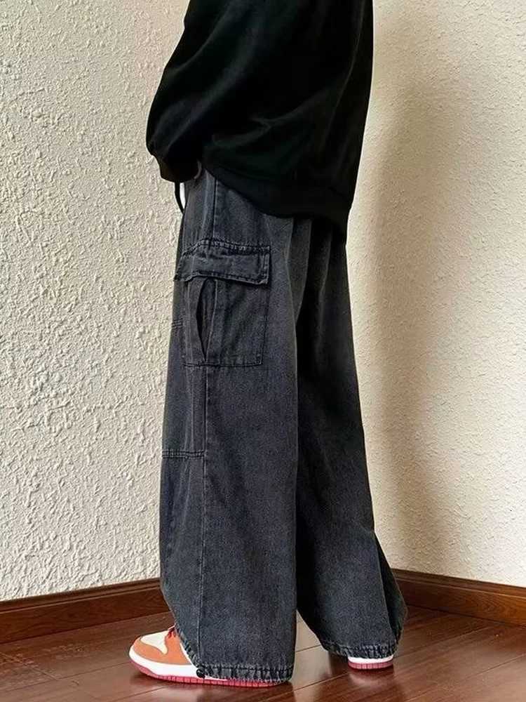 Denim Trousers For Men Adjustable Drawstring Y2k Versatile Baggy Cargo Jeans Mens Hippie Jogging Wide leg Pants Male Streetwear W250905