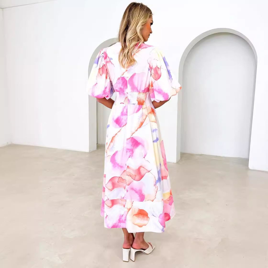 Womens Summer New Floral Print Puff Sleeve Aline Long Dress Elegant Dress