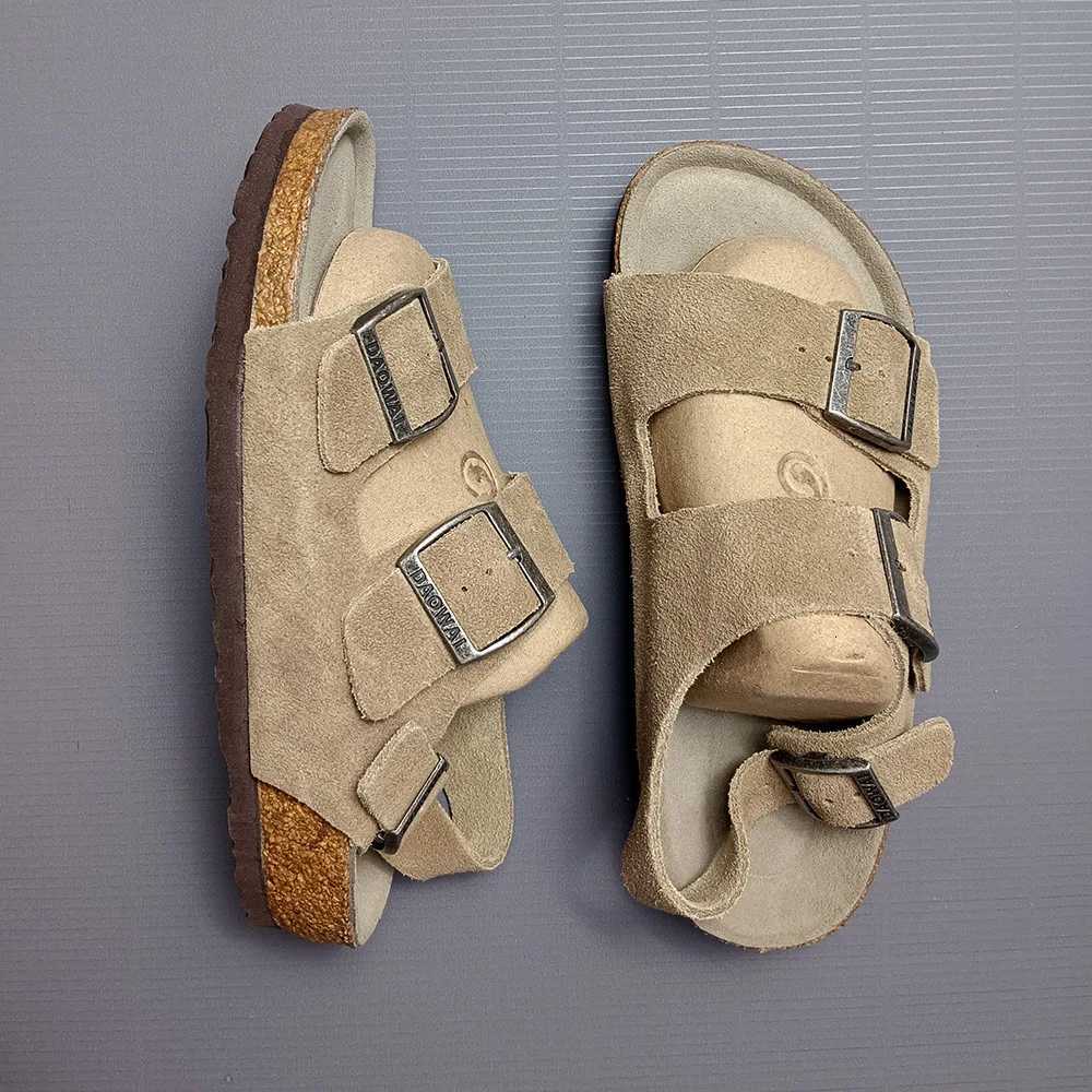 Classic Cork Sandals For Women Men Soft Cow Suede Leather Thick Sole Cork Slippers Summer Home Flat Sandals with Arch Support W250905