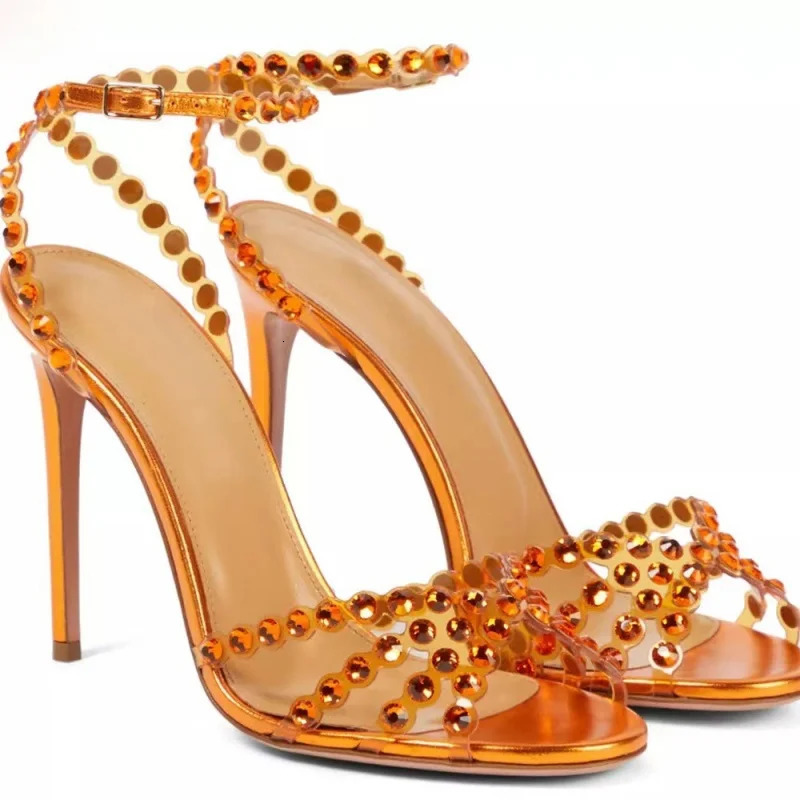 Full Colorful Rhinestones PVC Strap Women Sandals Peep Toe Buckle Belt Sandales Talons Stiletto High Heel Banquet Pumps Female 250905