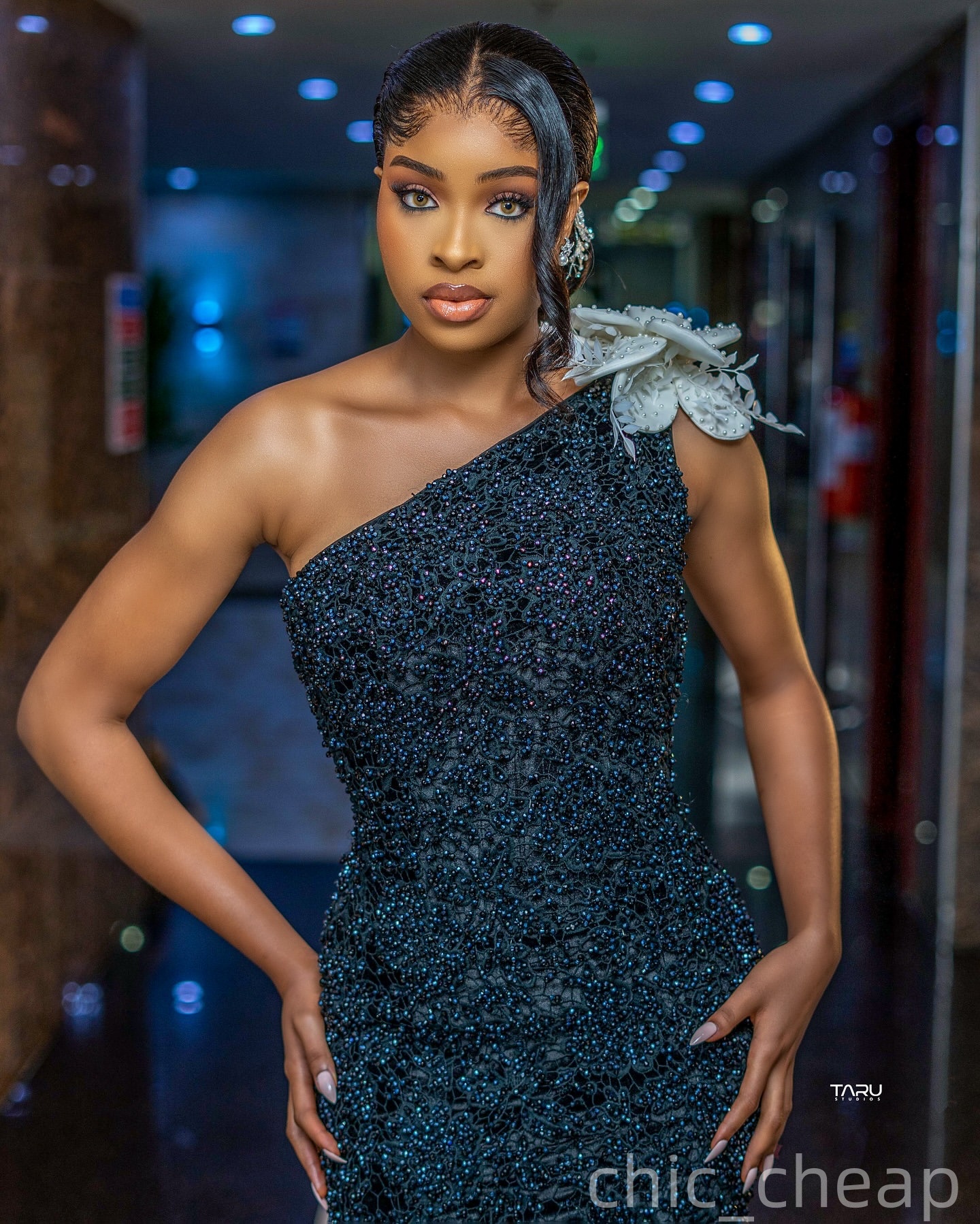 Aso Ebi Black Sheath Prom Dresses 2025 One Shoulder Flower Lace Evening Formal Party Second Birthday Engagement Gowns Plus Size Dress For Special Occa