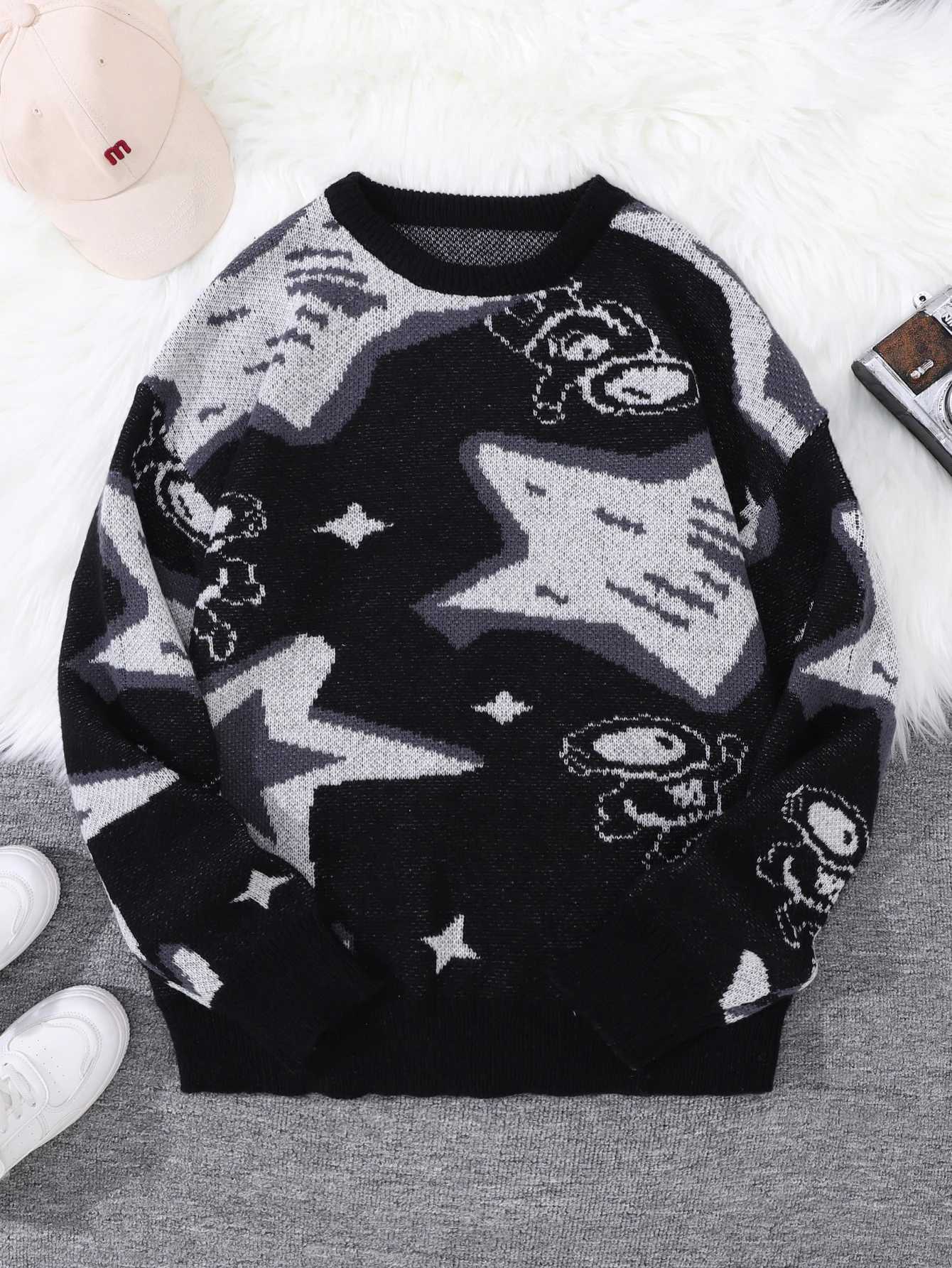 New Popular Spring Fall Astronaut StarPicking Jacquard Pattern Pullover Sweater Casual Round Neck Contrast Color Knitted Men Z250905