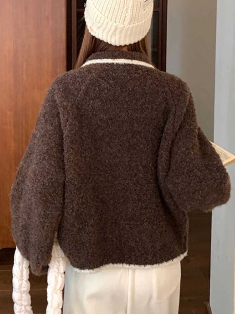 Vintage Long Sleeve Single Breasted Womens Clothes Korean Grey Knitted Cardigan Womens Autumn Winter Lapel Color Block Sweater Z250905