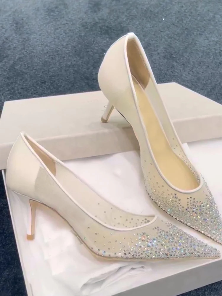 Summer Fairy T Lace High Heels Pointed Toe Sexy Thin Heel Womens Faion Single oes Glittering Bule Strap 250905