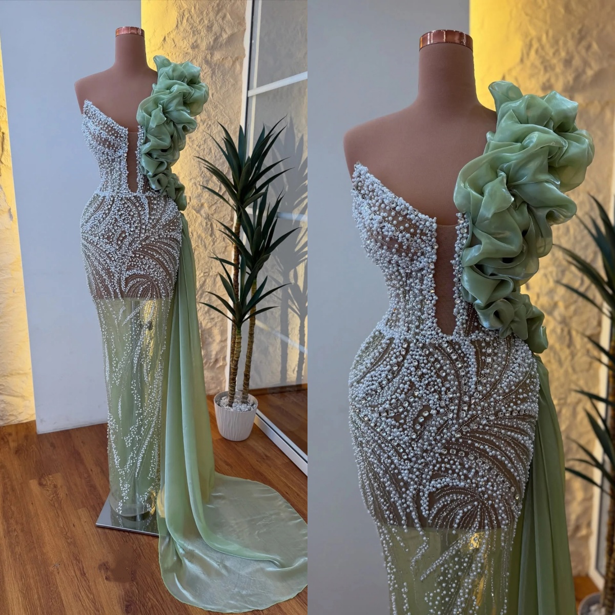 Exquisite Evening Dresses Pearls Rhinestone Prom Dress Beading Ruffle Train Illusion Sleeveless Mermaid Party Gowns Vestidos De Noche Plus Size