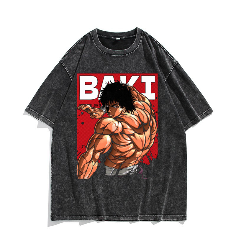 European & American Washed Vintage Short-Sleeve T-Shirt Anime Baki Hanma American High-Street Top - TT8295