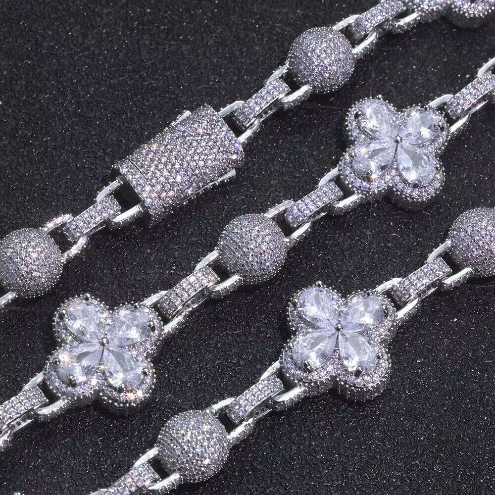 NUOYA Iced Out Four Leaf Clover Spherical Cuban Link Chain Bracelet Gold Sier Plated Dia Zircon Hip Hop Jewelry