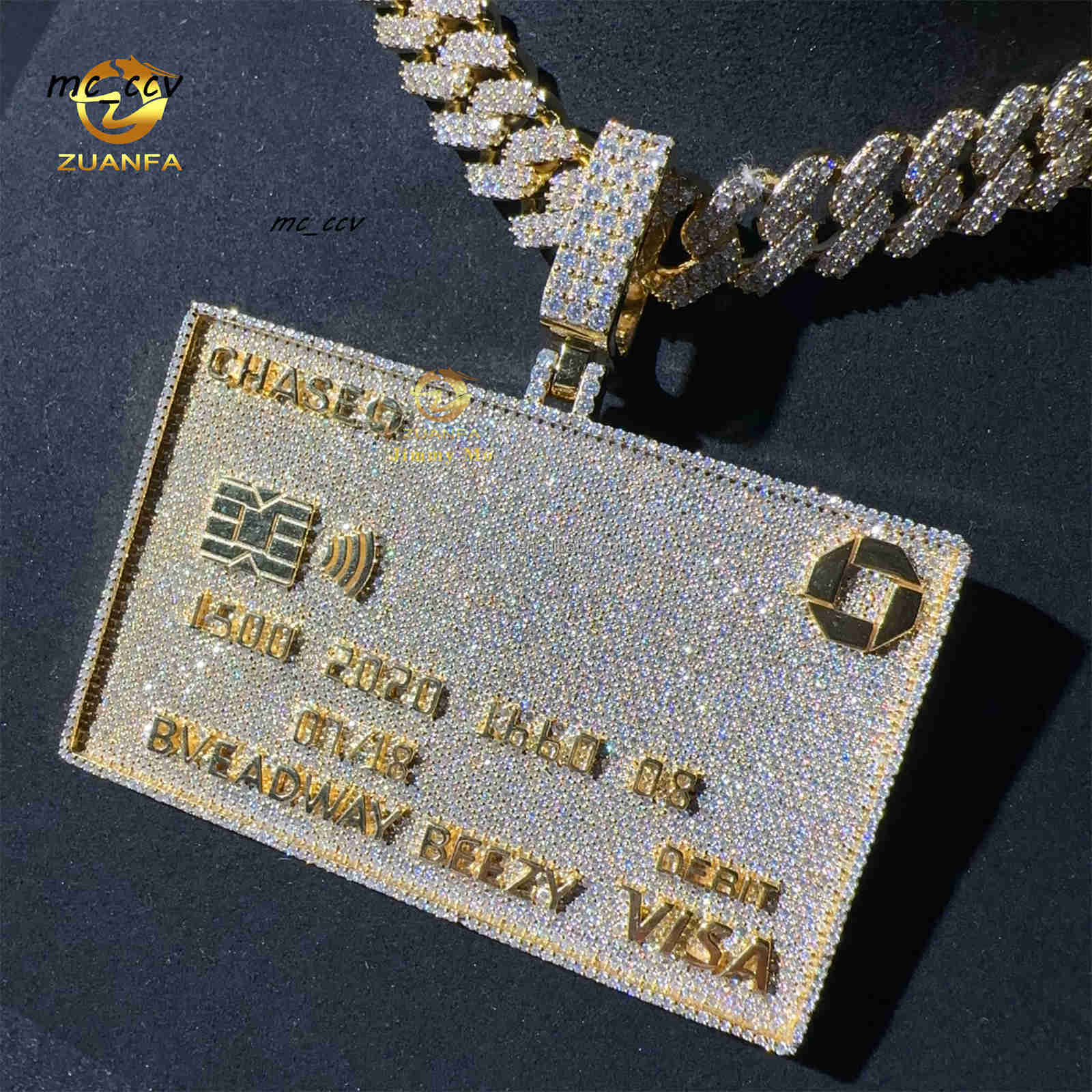 Sparkle Rapper Jewelry 3 Iced Out 3D Fully Jewelry Solid Silver Yellow Gold Plated Moissanite Diamond Credit Card Pendant Set