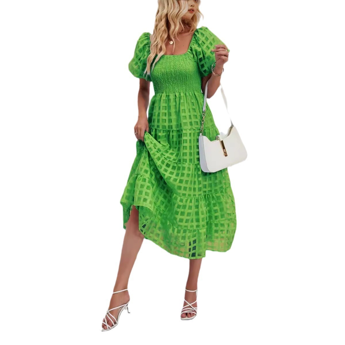 Summer Long Dress with Puff Short Sleeves Flowy Layered Beach ALine Dress with Lining for Women