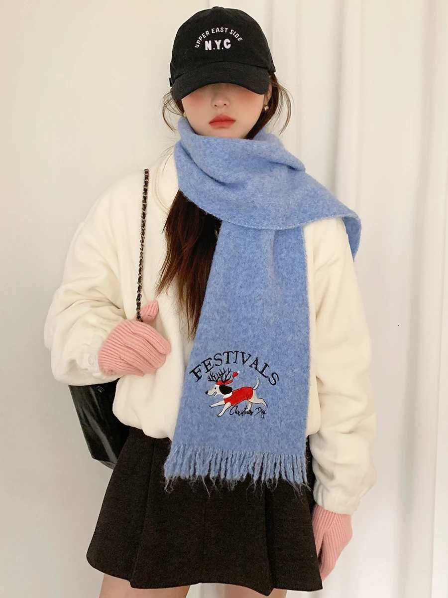Woolen Cartoon Reindeer Knitted Scarf For Women Autumn And Winter Warm Neck Protection Embroidered Scarf Versatile ShlXJ250905