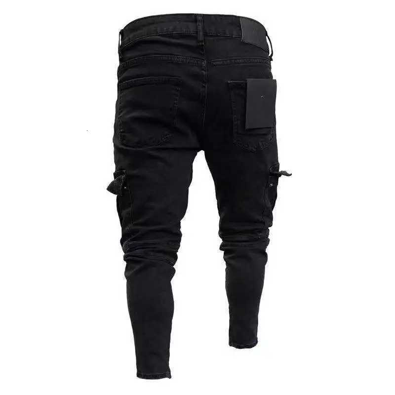 Stretch Jeans for Men Black Big Side Pockets Cargo Male Jeans Fashion Zipper Small Foot Denim Pants Elastic Jogging Trousers W250905