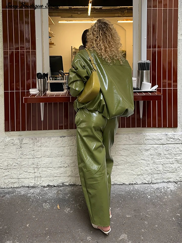 Pu Leather Jacket Skirt Sets Stand Collar Loose Coat Low Waist Solid Long Autumn Coats Lady Outfits 250905