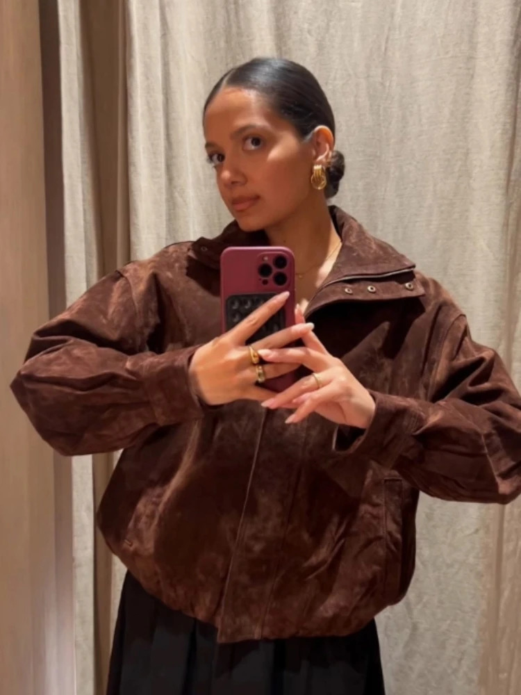 Vintage Solid Laple Loose Jackets Women Fashion Full Sleeve Ruff Zipper Pockets Oversize Coat Female Autumn Chic Casual Coats 250905