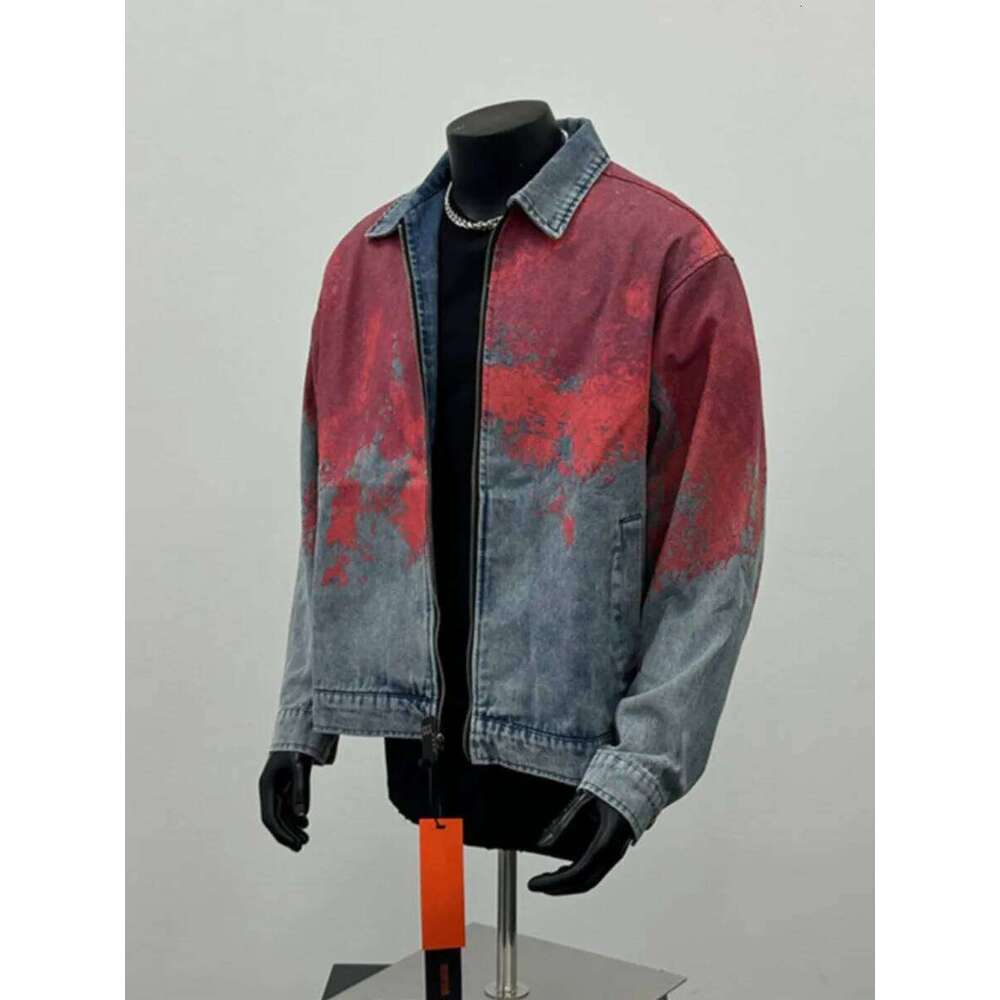 Retro Tie Dye Washed Denim Jacket Men Women Varsity University High Streetwear Old School Chic Cow Boy Bomber Coat