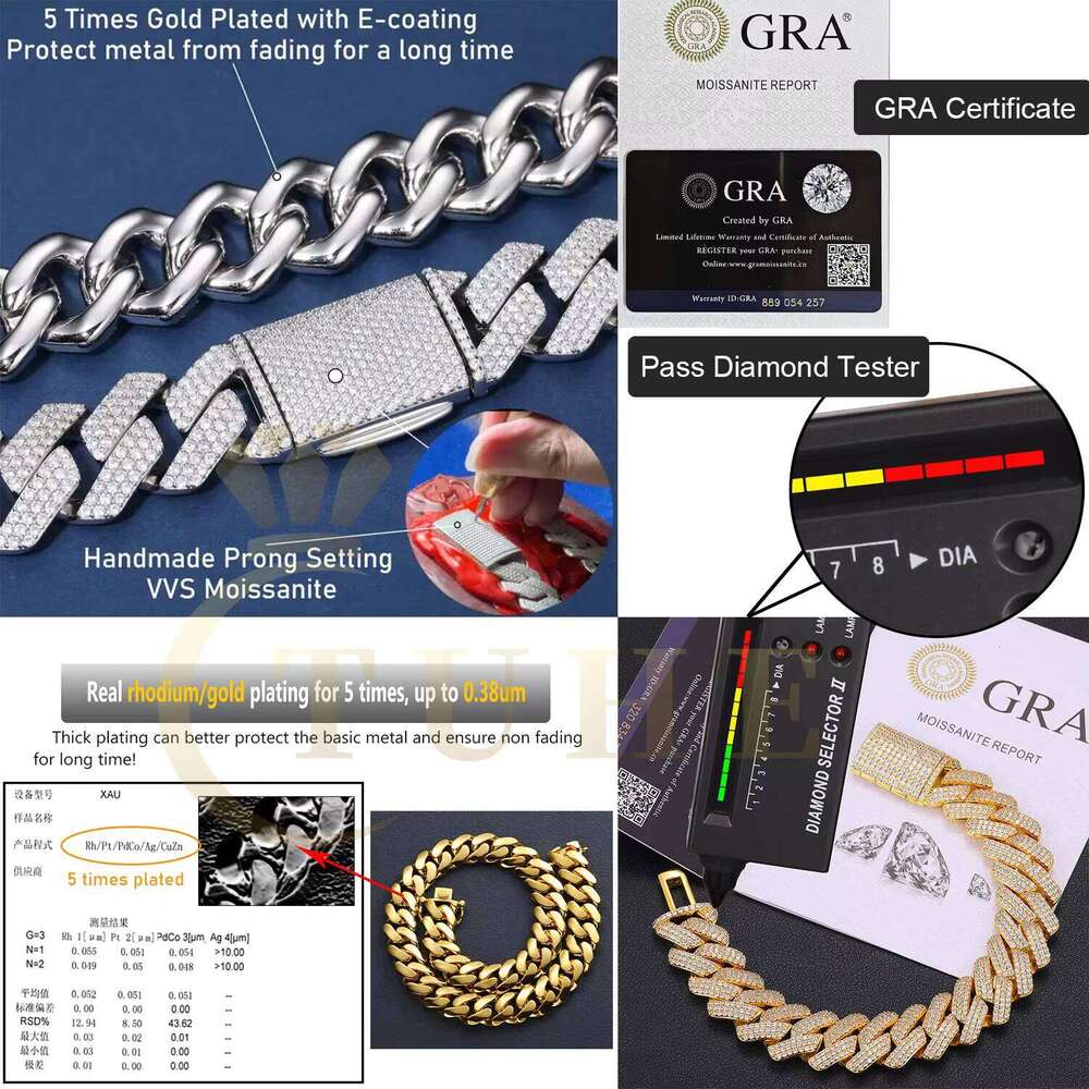 Hip Hop Jewelry Mens 6mm-20mm 14K Gold Plated Sterling Sier VVS Moissanite Dia Iced Out Cuban Link Chain Bracelet