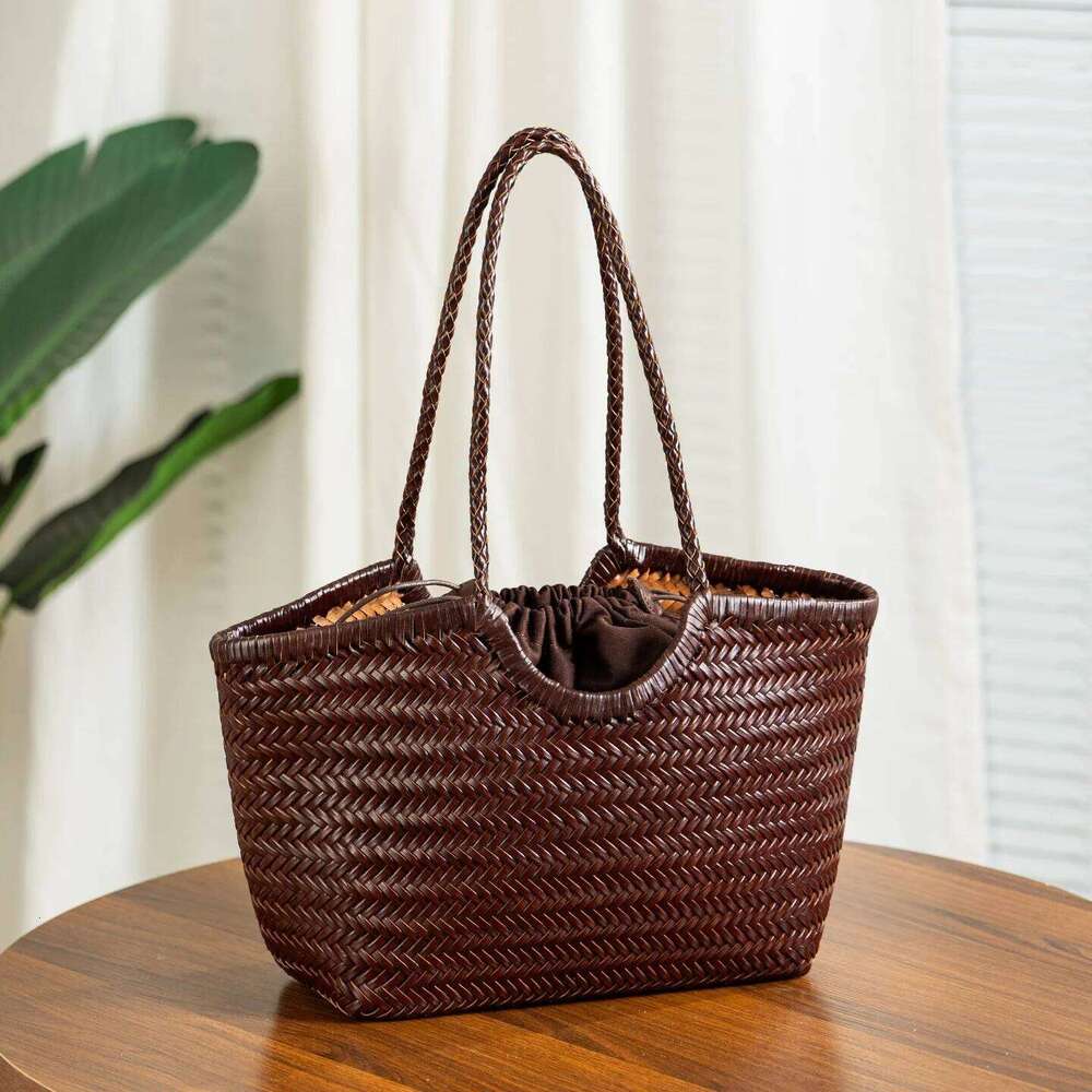 Genuine Leather Handwoven Tote Women's Fashion Shopping Large Capacity Shoulder Bag Design Vegetable Basket