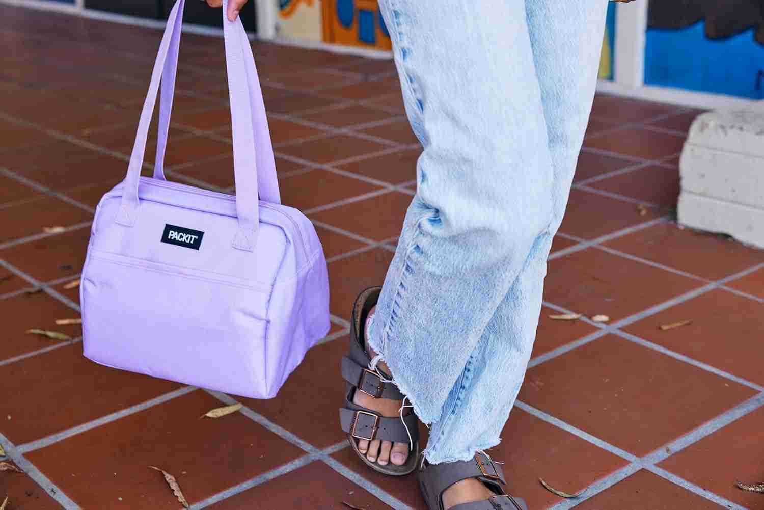 PackIt Freezable Hampton Lunch Bag Black Grid Built with EcoFreeze Technology Collapsible Reusable Zip Closure with Front Pocket and Shoulder Straps P