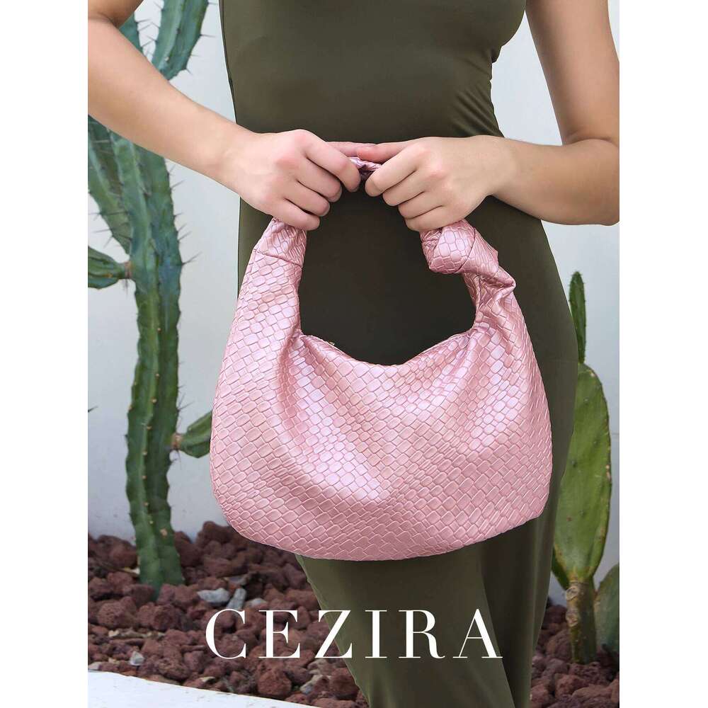 CEZIRA Women Classic Fashion Woven Emed Hobo Soft PU Vegan Leather Knotted Strap Small Top-Handle Shoulder Bag Casual Daily