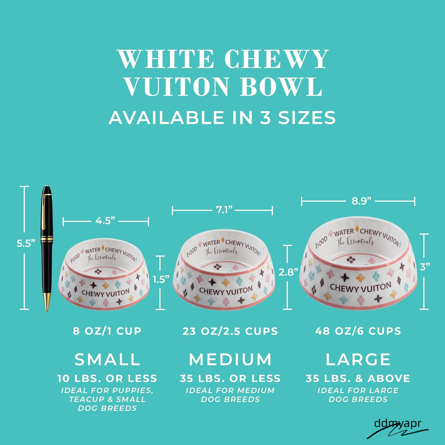 Designer Bowl, & Water Bowls For Small, Medium Dog Breeds, Food Grade BPA Free, Non-Skid Bottom Ddmydec Dishwasher Safe, Size Large J01 Ddmydec Ddmyde