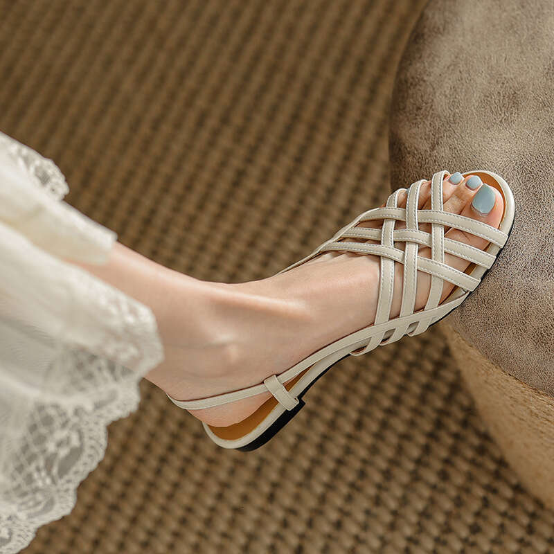 2025 Summer Roman Woven Sandals for Women, Flat Soft Sole, White Low Heel, Hollow Peep Toe Shoes