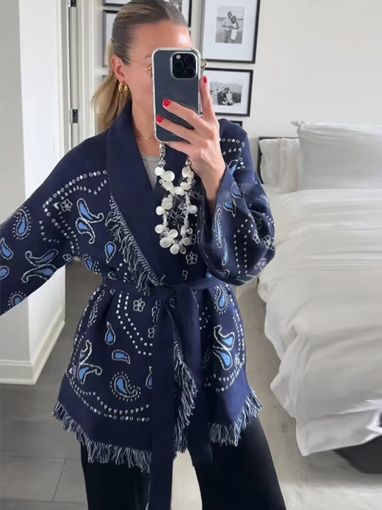Tassel Patchwork Printed Cardigan Women Geometric Patterns Belts Vneck Long Sleeve Knitted Street Lady Sweater 2025 Autumn Coat250905