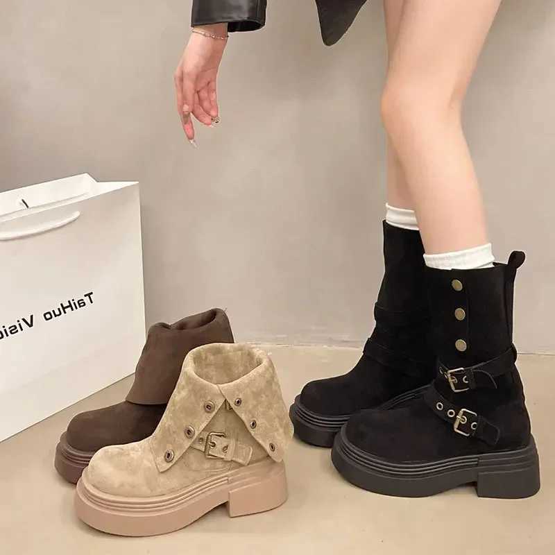 Womens Long Boots 2025 Spring New Style Fashionable Twopiece Lapel Mid Leg Boots Retro Versatile Thick Soled Motorcycle Boots L250905