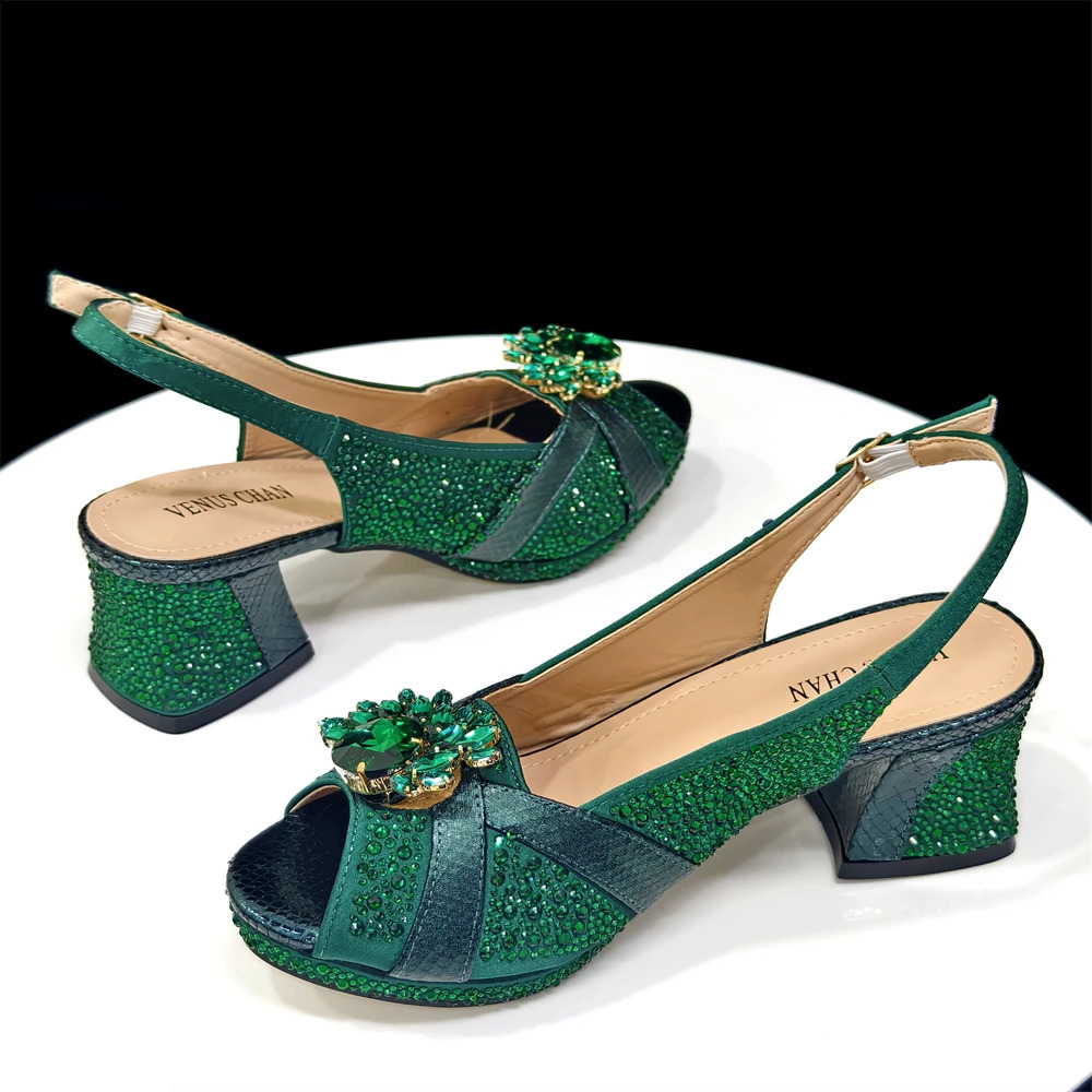 Elegant Green PeepToe Heel Pumps for Women with Diamond Accents Italian Matching Shoes and Bags Set Parties 250905 - view 3
