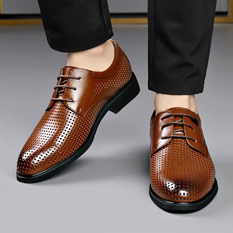 Summer Business Breathable Hollow Leather Shoes Mens British Large Size Sandals Korean Casual Fashion Dress Shoes Male 250903