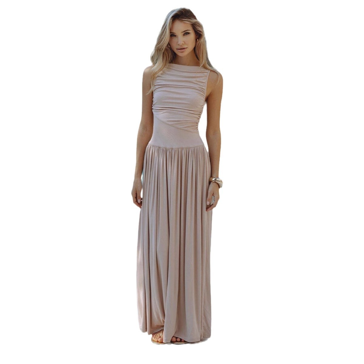 2025 Trend New Fashion Sexy Sleeveless Gathered Slim Waist Dress Solid Color Womens Dress