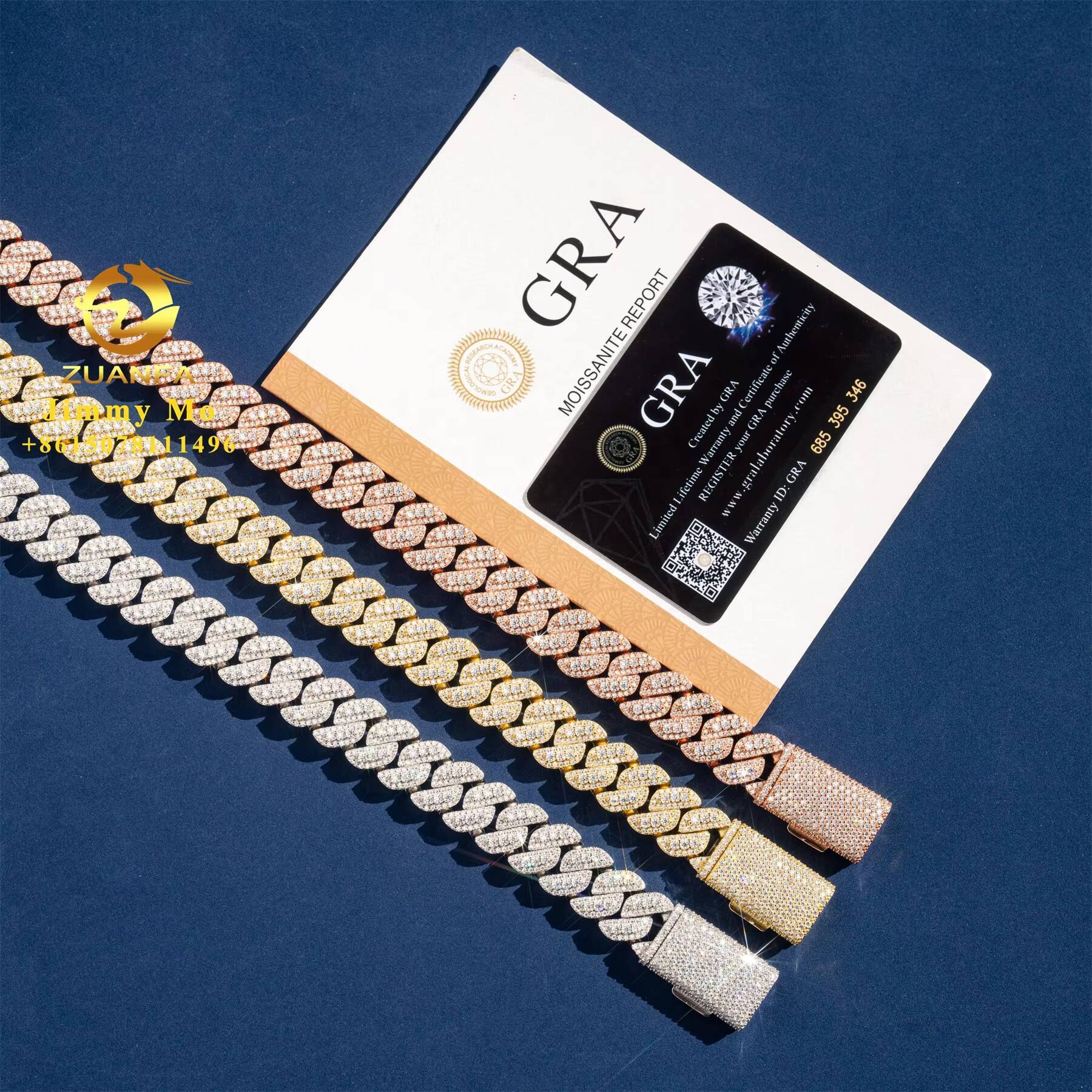 Bulk Stock Popular Pass Diamond Tester 925 Solid Silver 15mm Two Rows Iced Out Hip Hop VVS1 Moissanite Diamond Cuban Link Chain