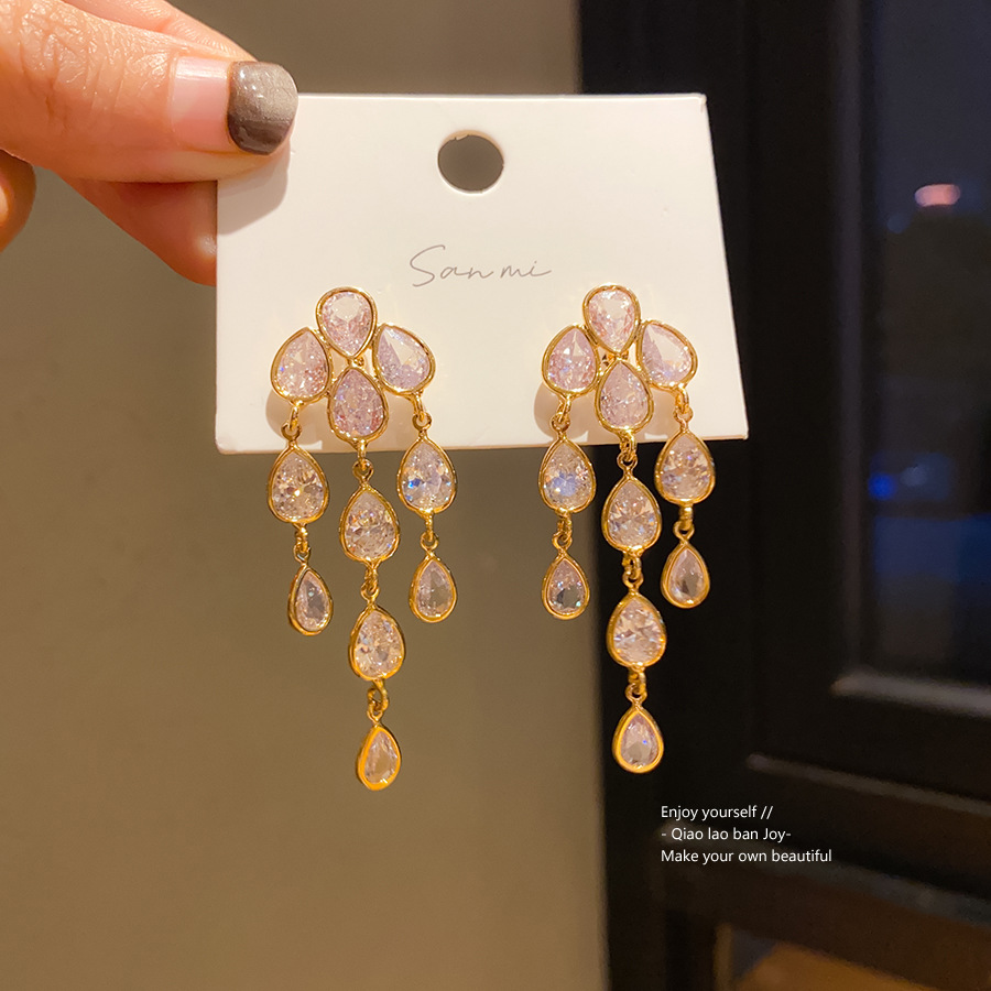 Gold Tone Teardrop Crystal Tassel Earrings With Layered Dangle Design Glamorous Sparkling Style Party & Formal Occasion Wear Gift For Her Luxe Stateme