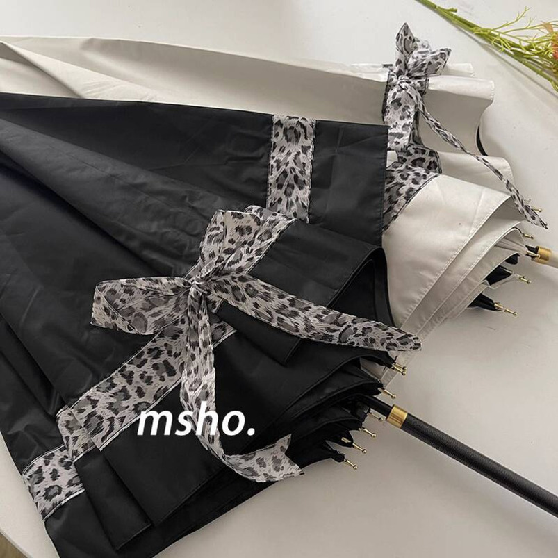 msho Leopard Print Bow Long Handle Women, Dual-use for and Rain, High Aesthetic Black Coating, Sun UV Protection, Sunshade Umbrella