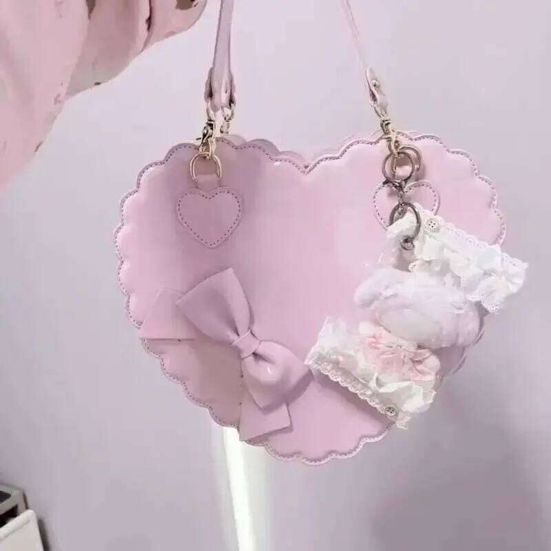 PU Heart Lolita Handbags Girls Bowknots Decor Japanese Shoulder Bags Two Sized Kawaii Shell Purses Cute Pink Messenger Bag Gifts