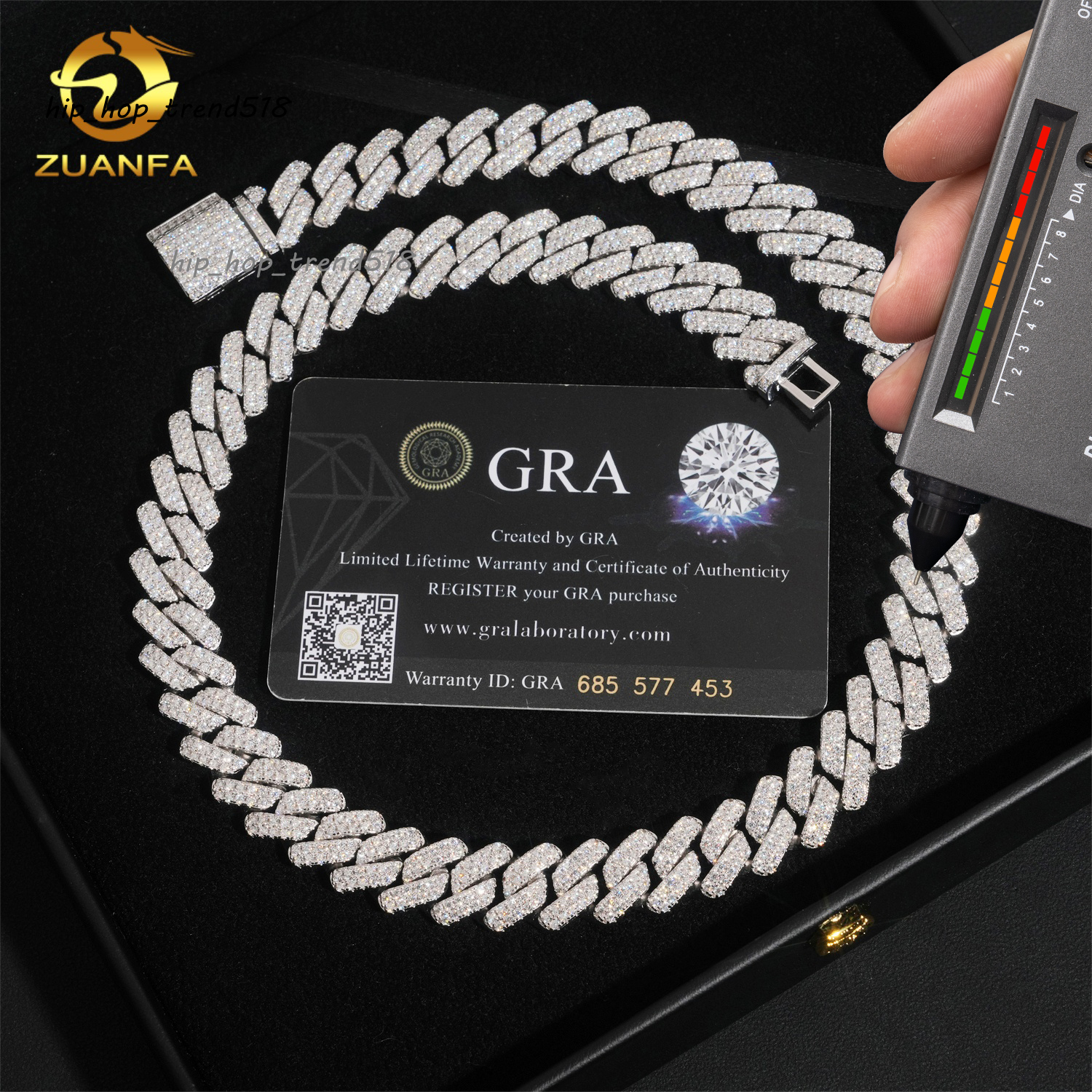 Custom 2Rows 14mm Iced Out Diamond 925 Silver VVS D Moissanite Miami Cuban Link Chain Necklace Hip Hop Moissanite Jewelry