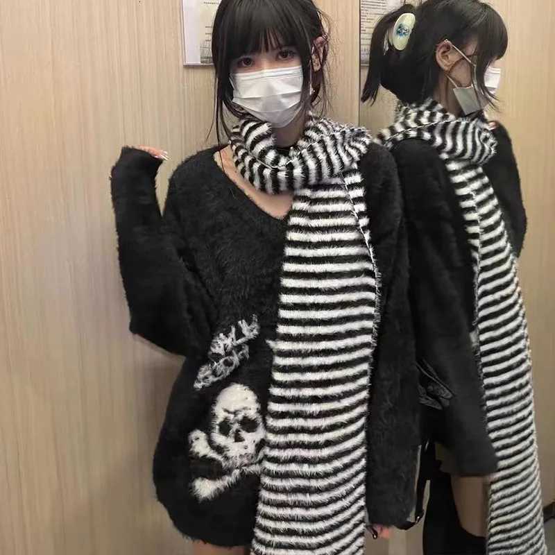 Karrram Gothic Skulls Sweater Grunge Dark Aesthetics Knitted Jumper Vneck Harajuku Loose Mohair Pullover Emo Alt Knitwear Y2k Z250905
