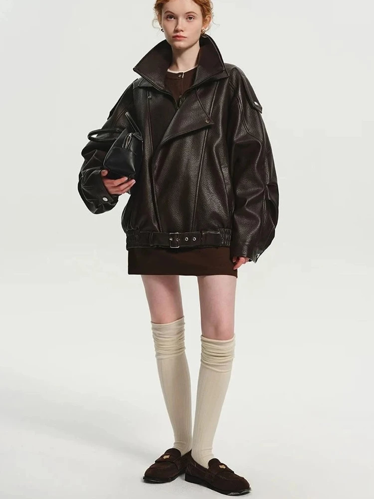 Retro PU Leather Stand Collar Jacket Women Casual Loose Large Lapel Zipper Button Belt Jackets Female Autumn Chic Street Outwear 250905