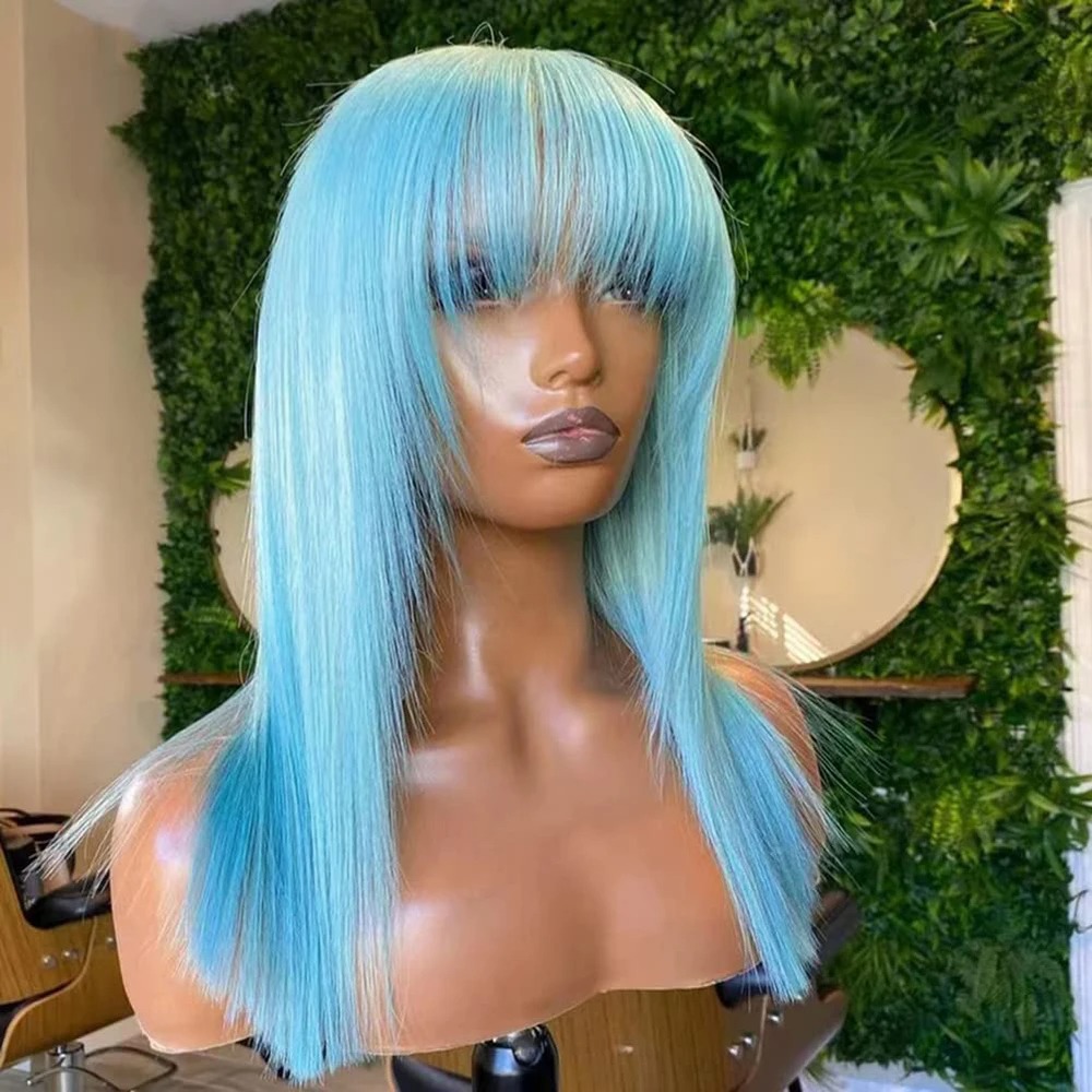 Straight Human Hair Wig Layered Cut Wigs with Bangs Sky Blue HD Lace Wig Glueless Wear And Go Lace Frontal Wig For Women Heat Resistant Wig