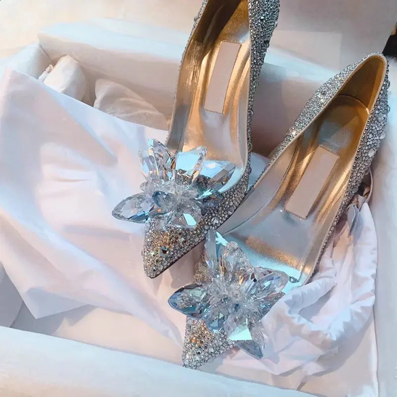 est Silver High Heels Wedding Women Shoes Diamond Pumps Crystal Shoes Rhinestone Pointed Toe Glitter Party 250904