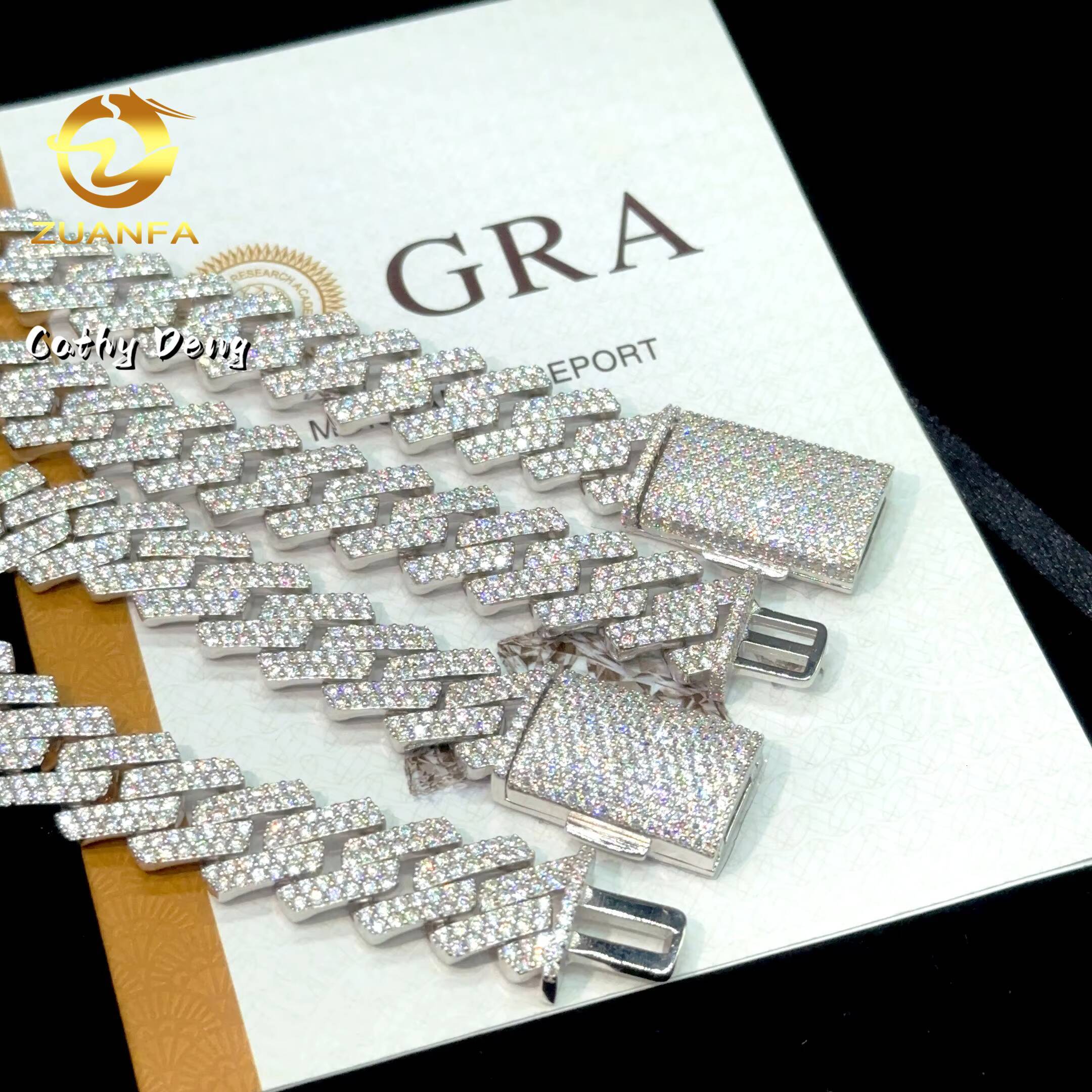 Wholesale 2 Row 15mm Round Cut Moissanite Cuban Chain Bling 925 Sterling Silver Iced Out Miami Cuban Link Chain Bracelet