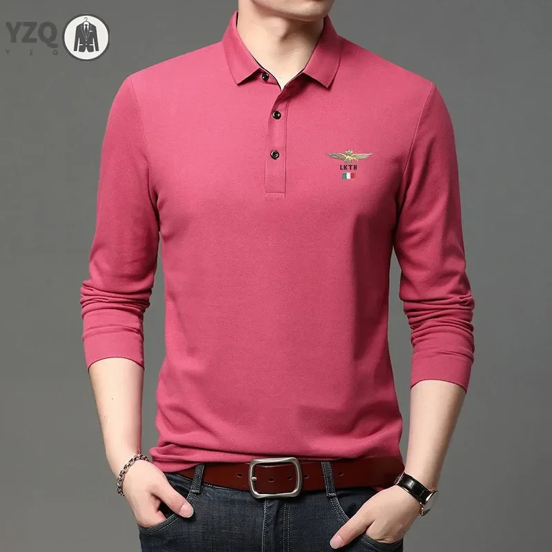 Mens Casual y Long Sleeve Polo Shirt Fashion Solid Color Top 250905