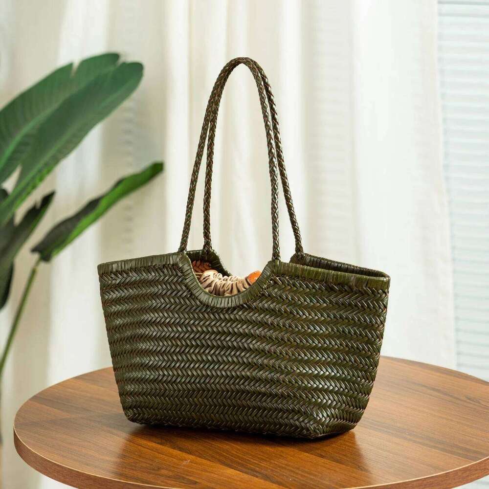 Genuine Leather Handwoven Tote Women's Fashion Shopping Large Capacity Shoulder Bag Design Vegetable Basket