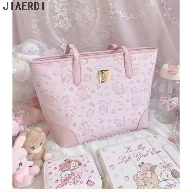 Sweet Cute Pink Tote Purse Womens Haruku Kawaii Print Leather Large Capacity Handbag Commuter Student Shoulder Bag Female high-quality
