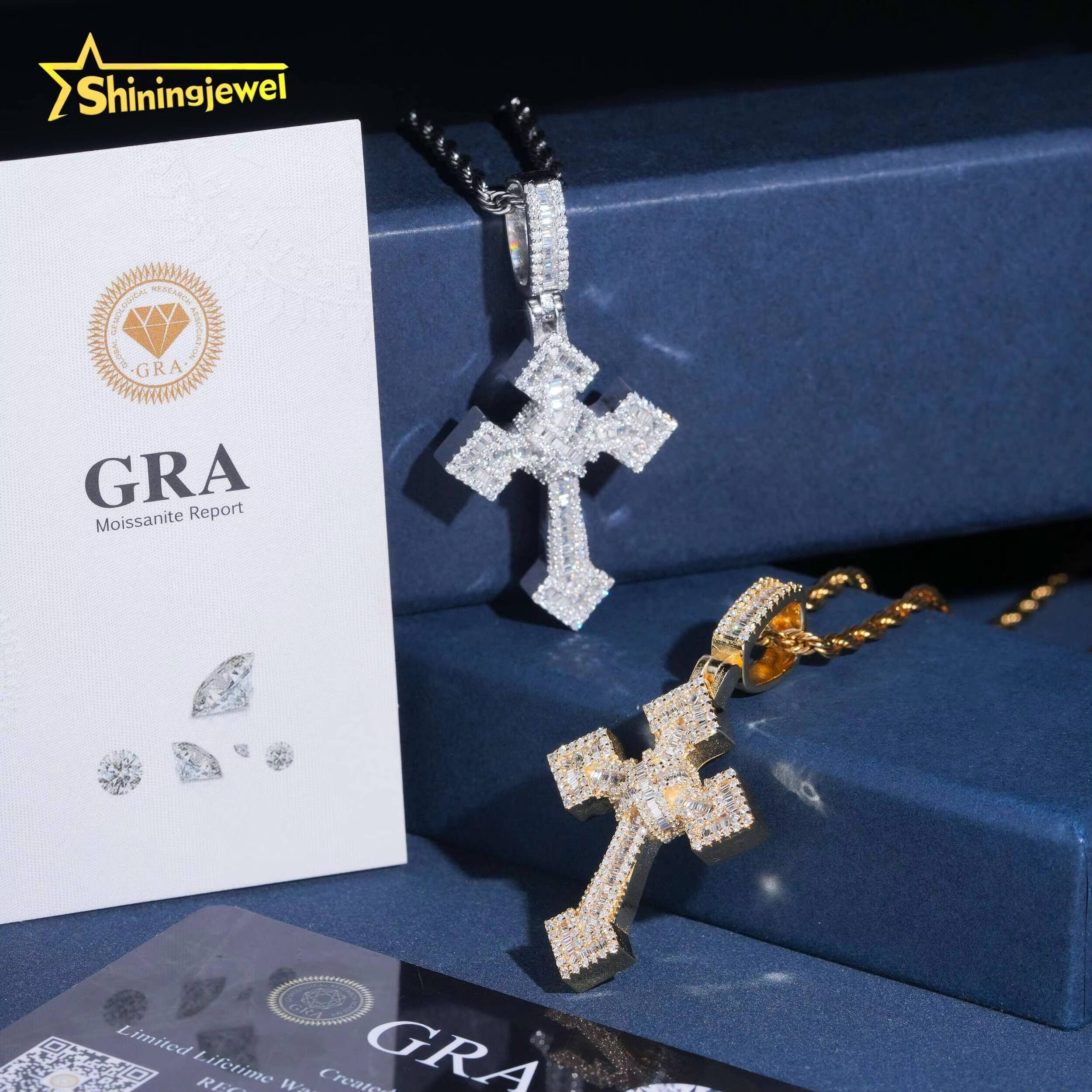 USA Local Stock 925 Sterling Silver Fully Iced Out Moissanite Cross Pendant Fine Jewelry Men VVS Moissanite Pendant Necklace