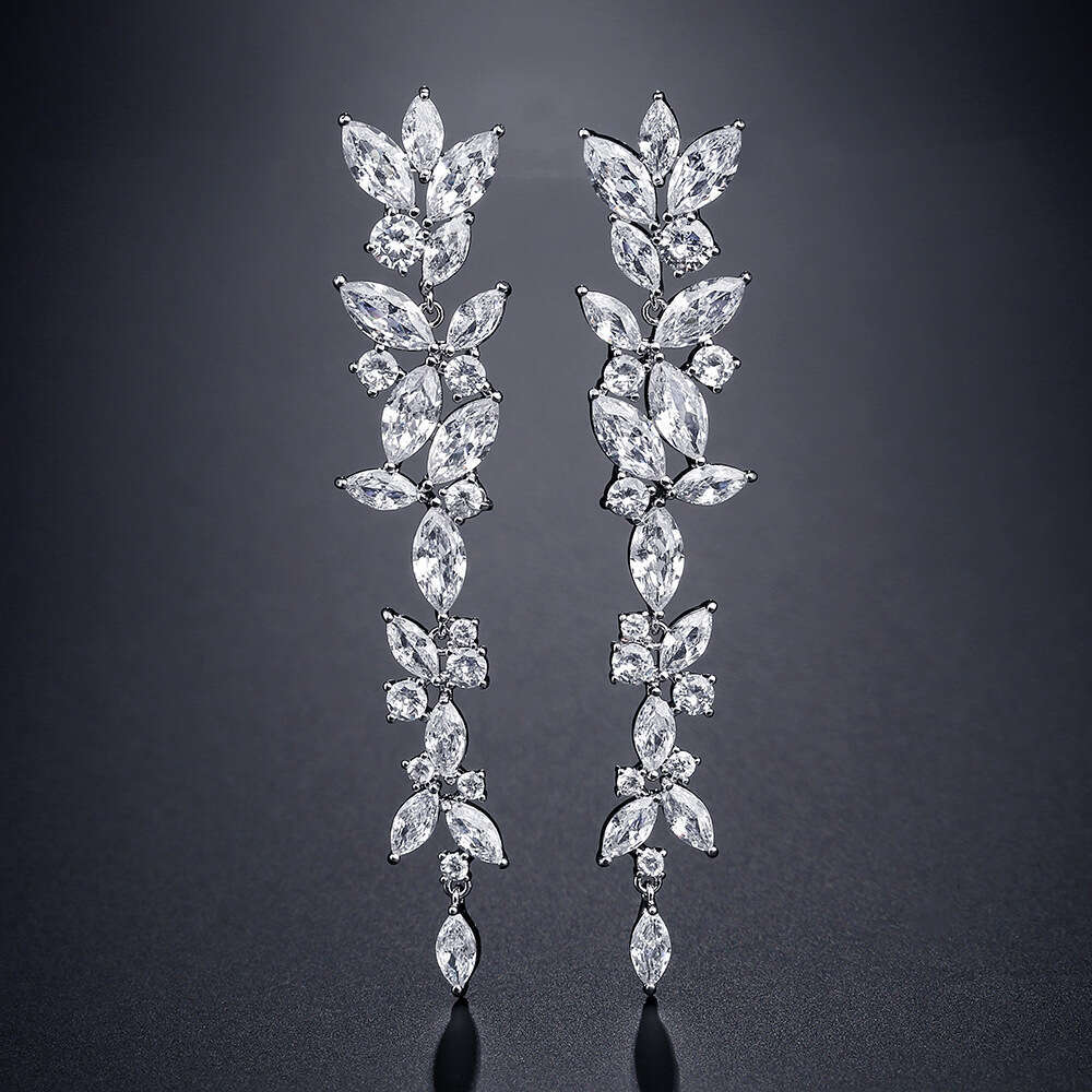 DH collections: Stylish Long - length Petal Earrings for Women with Inlaid 3A Zircons