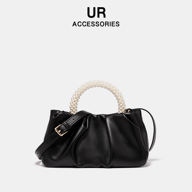 French Niche Pearl Handbag Cloud 2025 New Women's Crossbody Soft Leather Pleated Bucket Bag fashion Designer