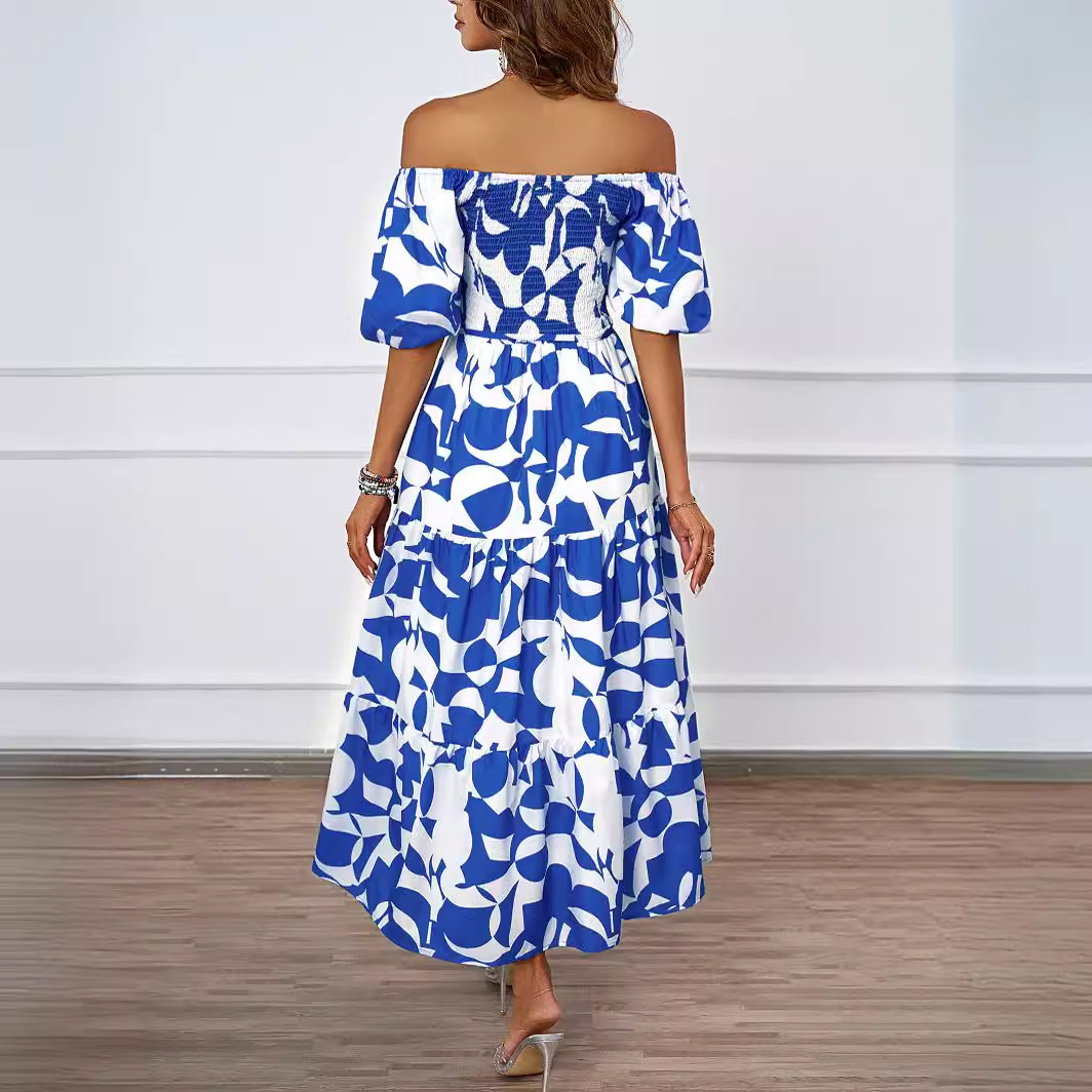 Summer New Elegant Printed OffShoulder Puff Sleeve Fashion Flared Dress
