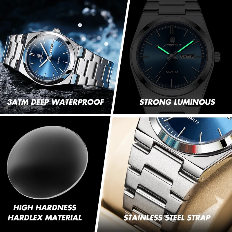 PENGAGAR Quartz Man Wristwatch Sport Men Watches Waterproof Luminous Date Week Stainless Steel Mens Watch Male Relojbox 250828