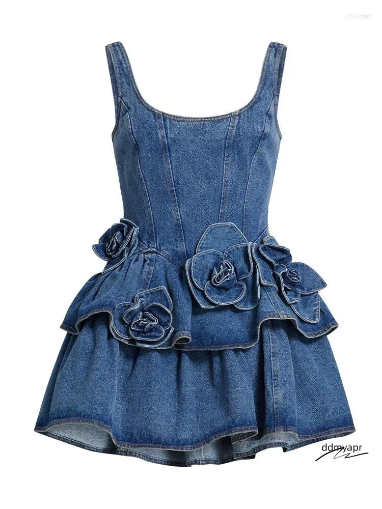 Chic A-Line Mini Dress - 3D Floral Denim Halter Dress, Vintage High Street Style, Perfect ddmyday For Summer Parties ddmyday ddmyday ddmyday