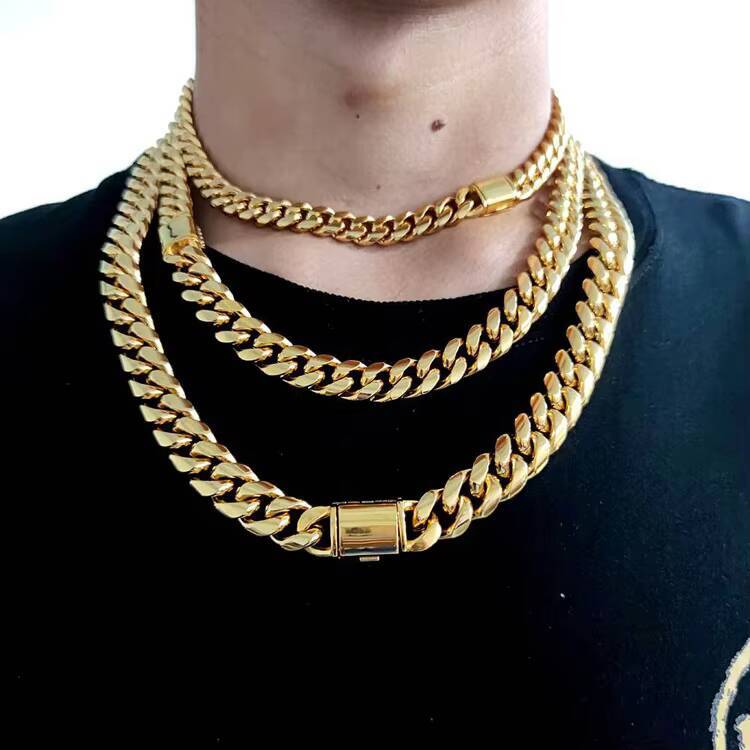GZYS JEWELRY Wholesale 10 12 14 mm High Quality 18 k Gold Plated Chain Stainless Steel Cuban Link Gold Chain Men